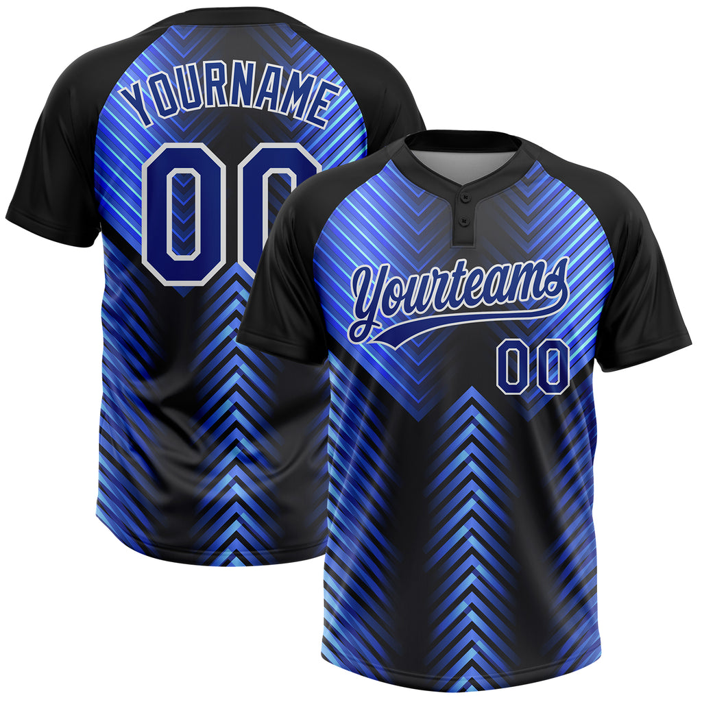 Custom Black Royal-Powder Blue 3D Pattern Two-Button Unisex Softball Jersey