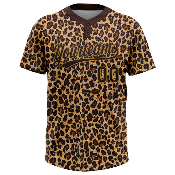 Custom Brown Brown-Old Gold 3D Pattern Leopard Two-Button Unisex Softball Jersey