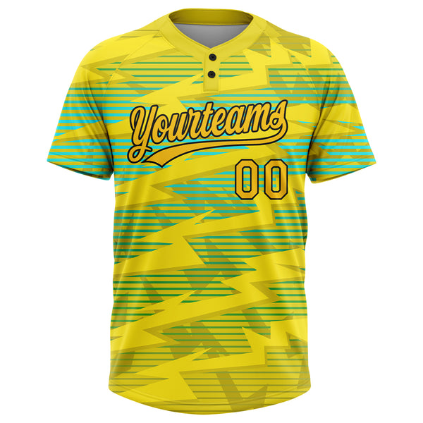 Custom Gold Gold Black-Light Blue 3D Pattern Two-Button Unisex Softball Jersey