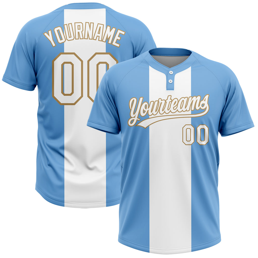 Custom Light Blue White-Old Gold 3D Pattern Two-Button Unisex Softball Jersey