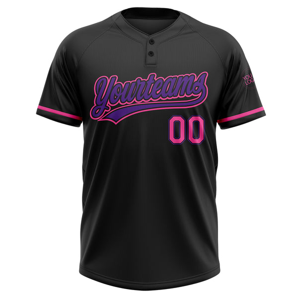 Custom Black Pink-Purple Two-Button Unisex Softball Jersey