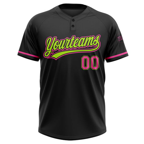 Custom Black Pink-Neon Green Two-Button Unisex Softball Jersey