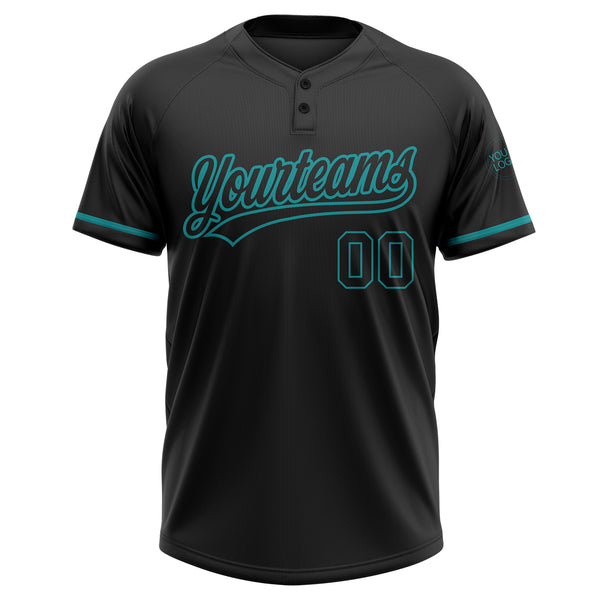 Custom Black Black-Teal Two-Button Unisex Softball Jersey