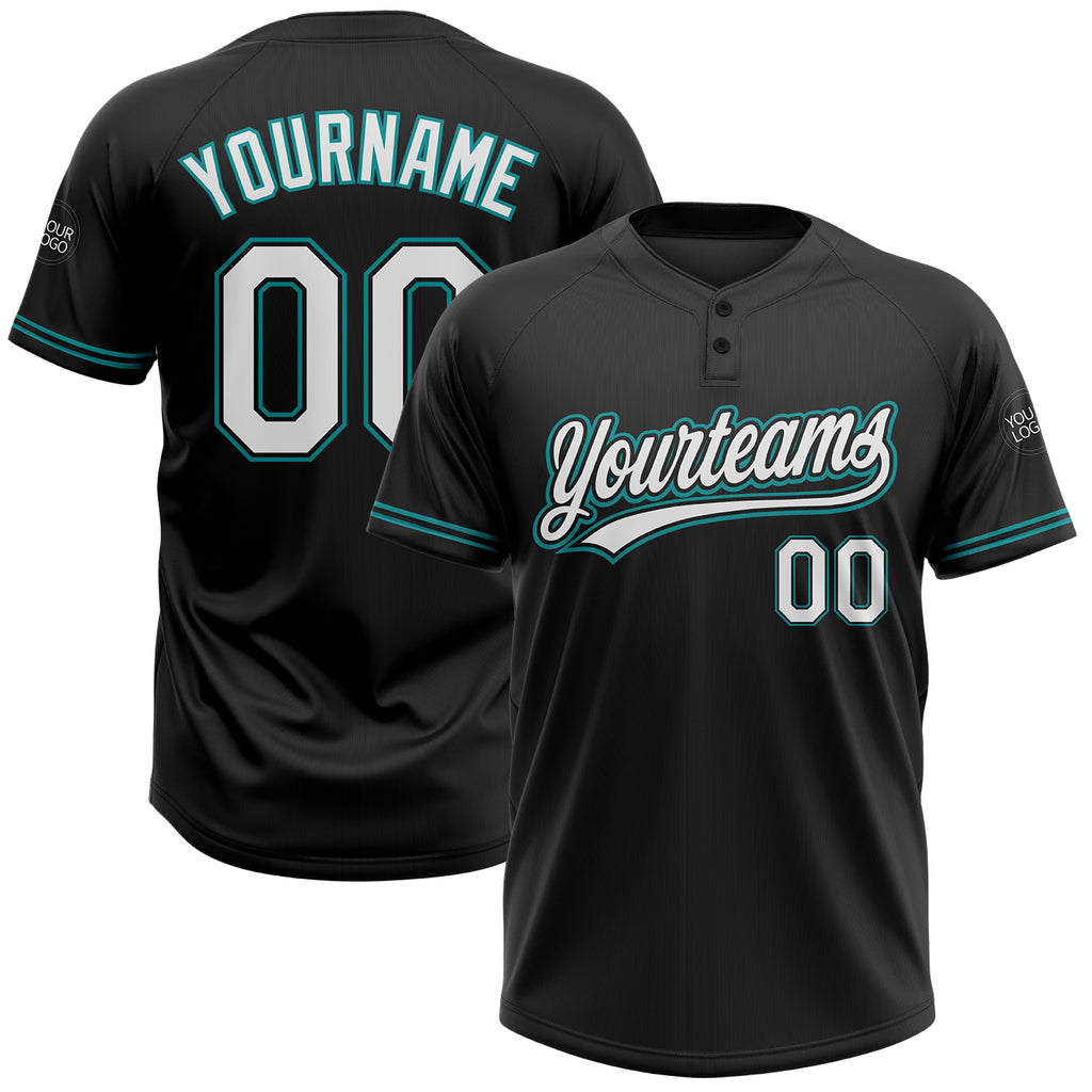 Custom Black White-Teal Two-Button Unisex Softball Jersey