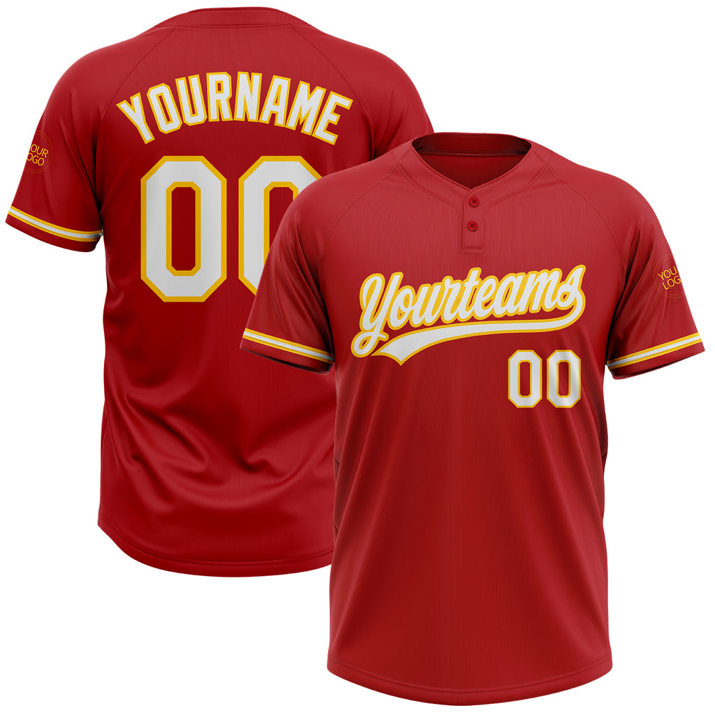 Custom Red White-Yellow Two-Button Unisex Softball Jersey