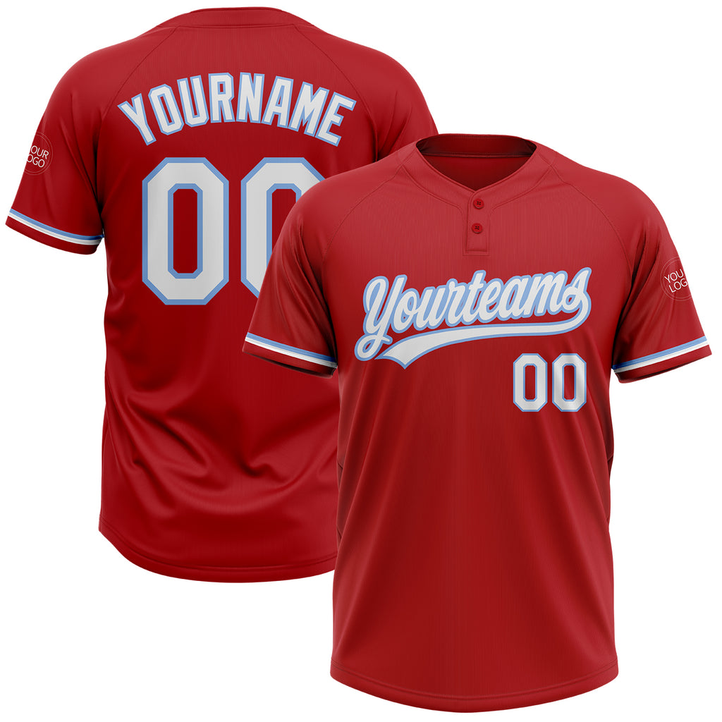 Custom Red White-Light Blue Two-Button Unisex Softball Jersey