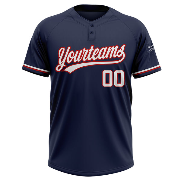 Custom Navy White-Red Two-Button Unisex Softball Jersey