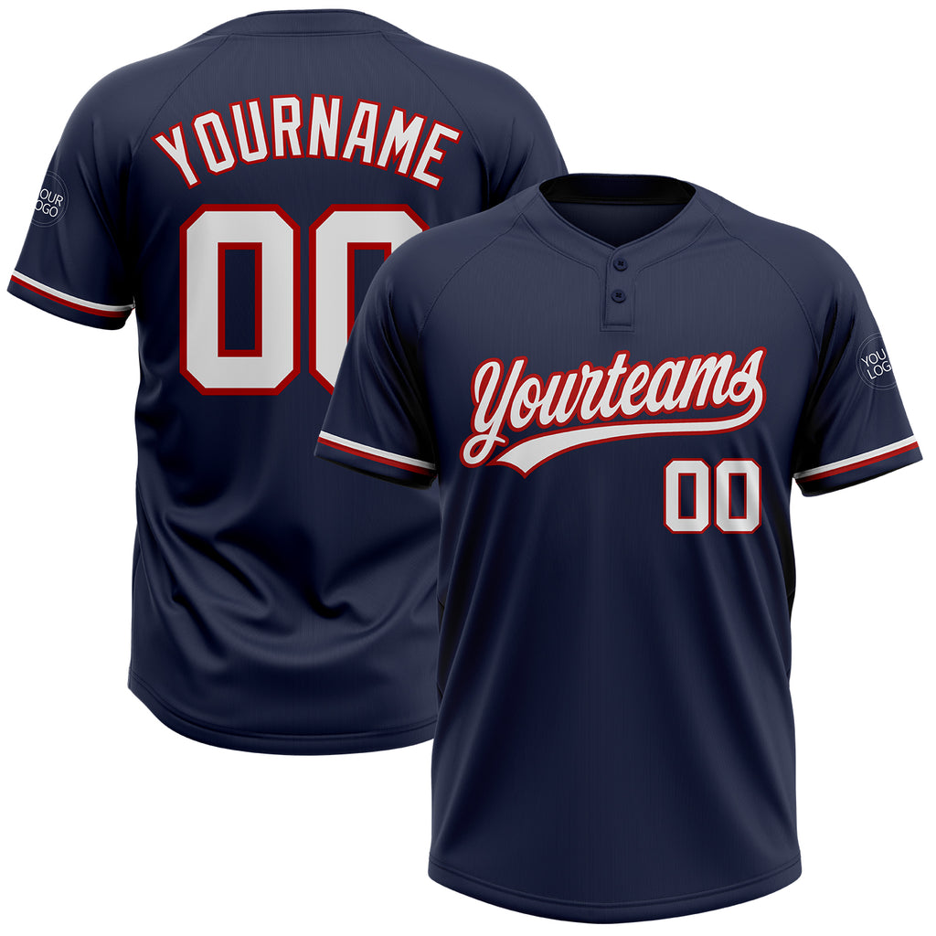 Custom Navy White-Red Two-Button Unisex Softball Jersey