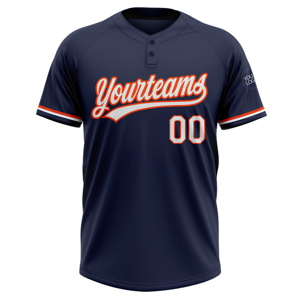 Custom Navy White-Orange Two-Button Unisex Softball Jersey