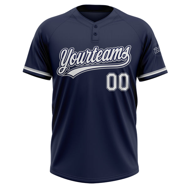 Custom Navy White-Gray Two-Button Unisex Softball Jersey