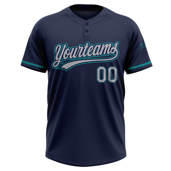 Custom Navy Gray-Teal Two-Button Unisex Softball Jersey