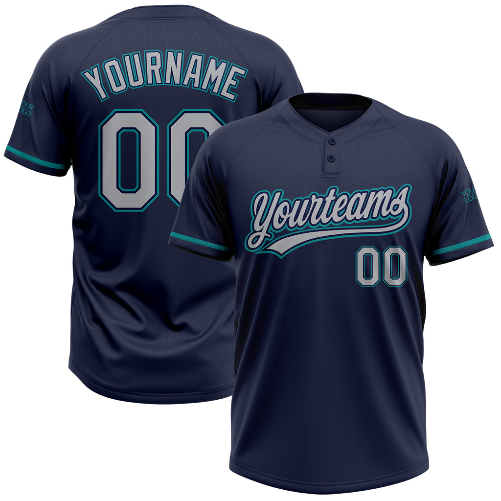 Custom Navy Gray-Teal Two-Button Unisex Softball Jersey