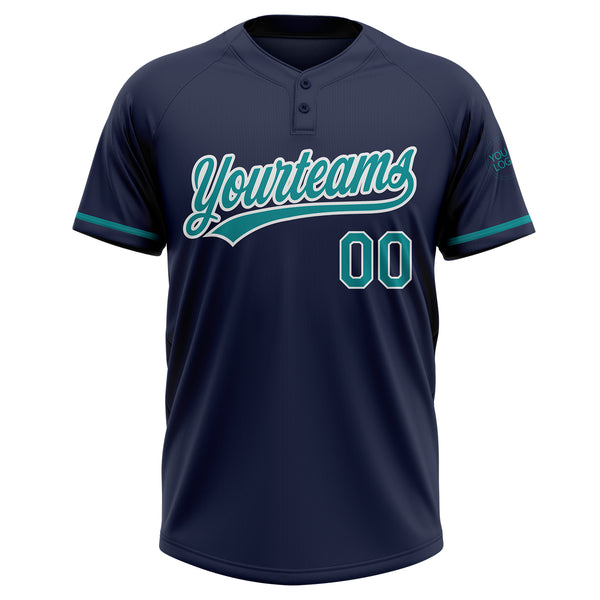 Custom Navy Teal-White Two-Button Unisex Softball Jersey