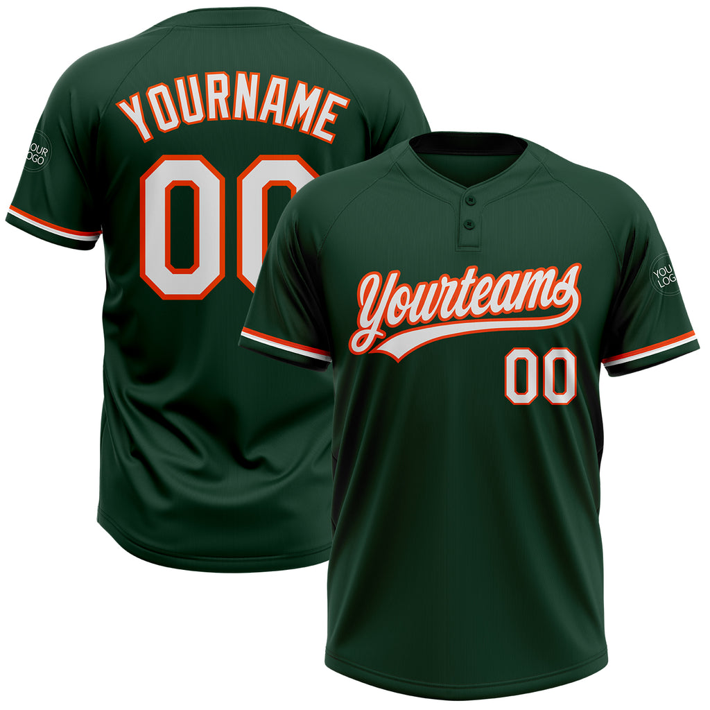 Custom Green White-Orange Two-Button Unisex Softball Jersey