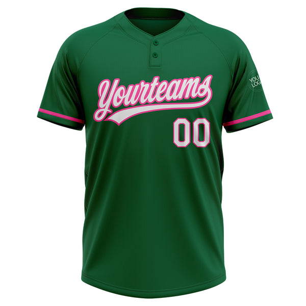 Custom Kelly Green White-Pink Two-Button Unisex Softball Jersey