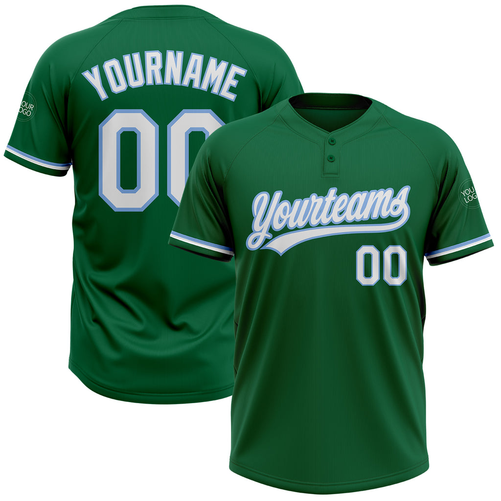 Custom Kelly Green White-Light Blue Two-Button Unisex Softball Jersey