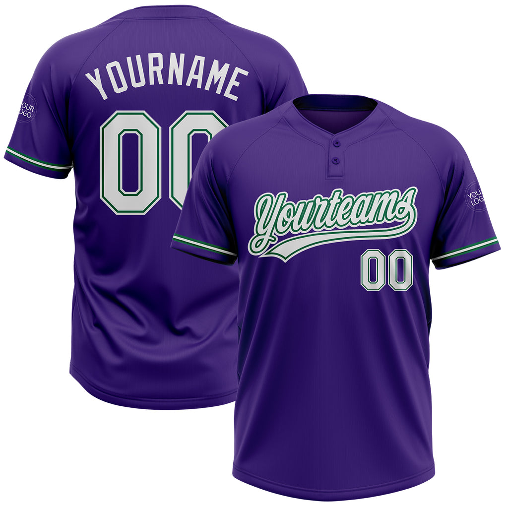 Custom Purple White-Kelly Green Two-Button Unisex Softball Jersey