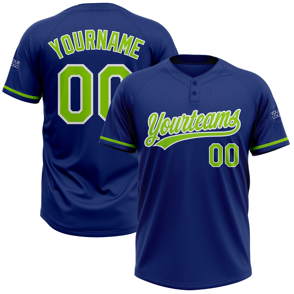 Custom Royal Neon Green-White Two-Button Unisex Softball Jersey