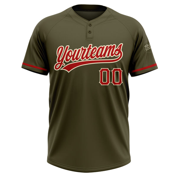 Custom Olive Red-Cream Salute To Service Two-Button Unisex Softball Jersey