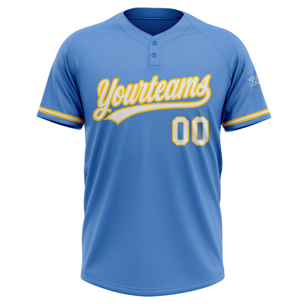 Custom Powder Blue White-Yellow Two-Button Unisex Softball Jersey