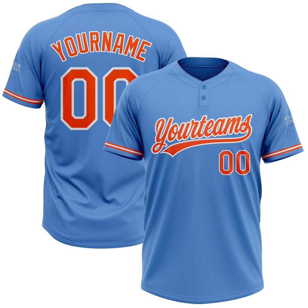 Custom Powder Blue Orange-White Two-Button Unisex Softball Jersey