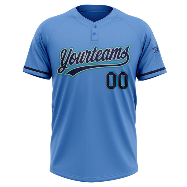 Custom Powder Blue Navy Gray-Teal Two-Button Unisex Softball Jersey