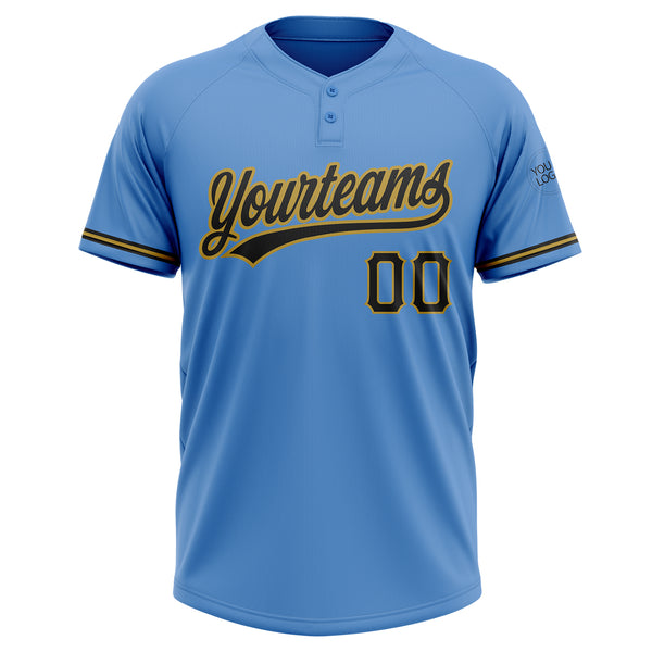 Custom Powder Blue Black-Old Gold Two-Button Unisex Softball Jersey