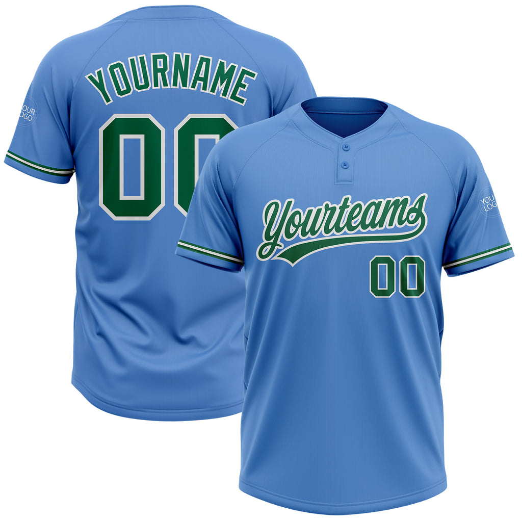 Custom Powder Blue Kelly Green-White Two-Button Unisex Softball Jersey