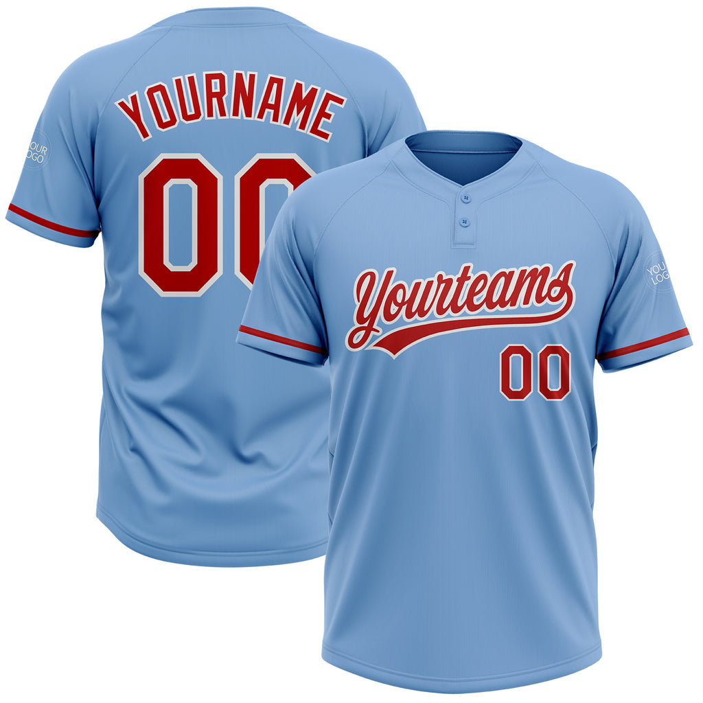 Custom Light Blue Red-White Two-Button Unisex Softball Jersey