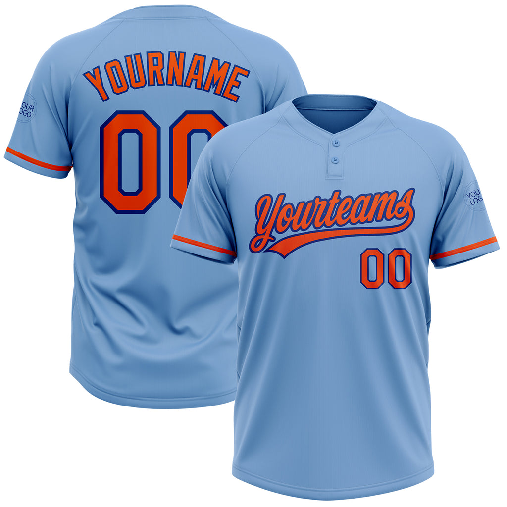 Custom Light Blue Orange-Royal Two-Button Unisex Softball Jersey