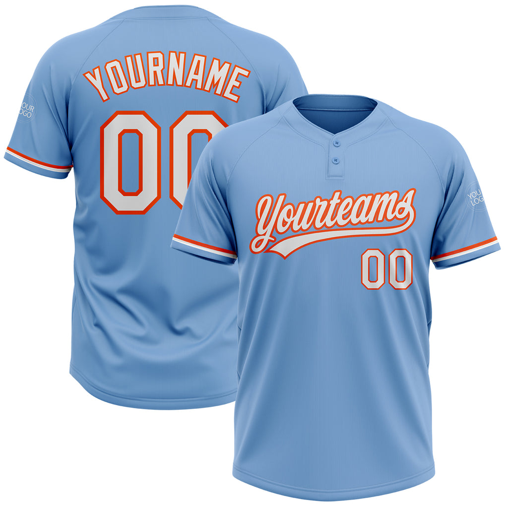 Custom Light Blue White-Orange Two-Button Unisex Softball Jersey