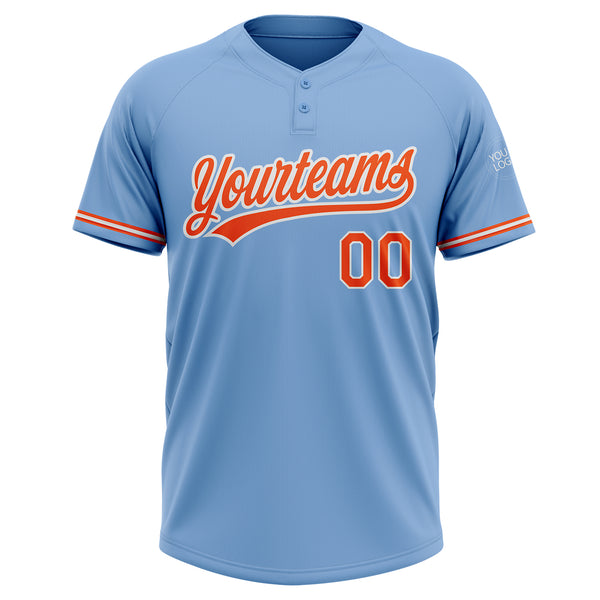 Custom Light Blue Orange-White Two-Button Unisex Softball Jersey