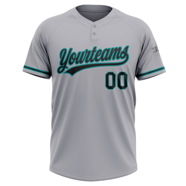 Custom Gray Black-Teal Two-Button Unisex Softball Jersey