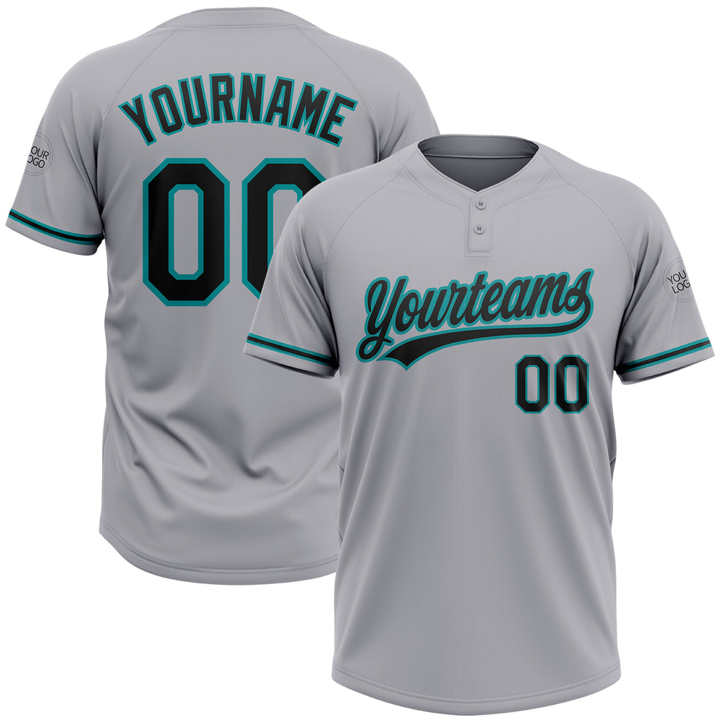 Custom Gray Black-Teal Two-Button Unisex Softball Jersey