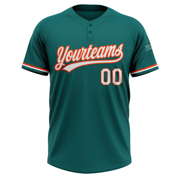 Custom Teal White-Orange Two-Button Unisex Softball Jersey