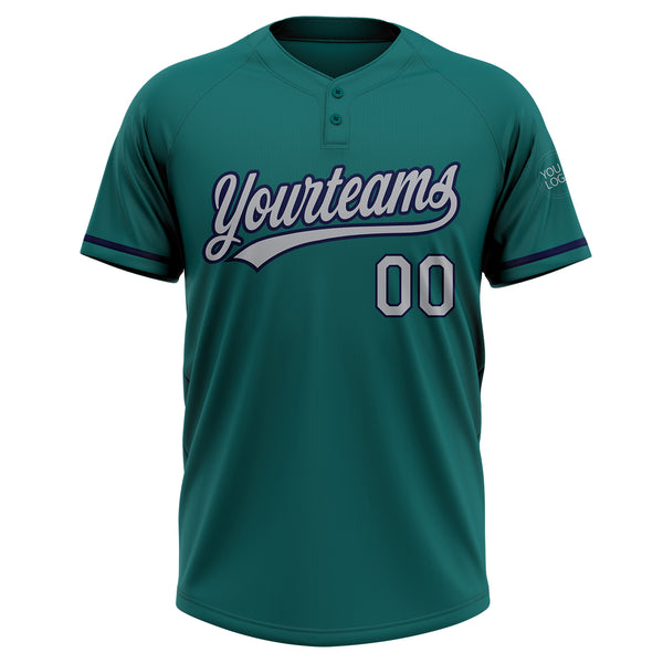 Custom Teal Gray-Navy Two-Button Unisex Softball Jersey