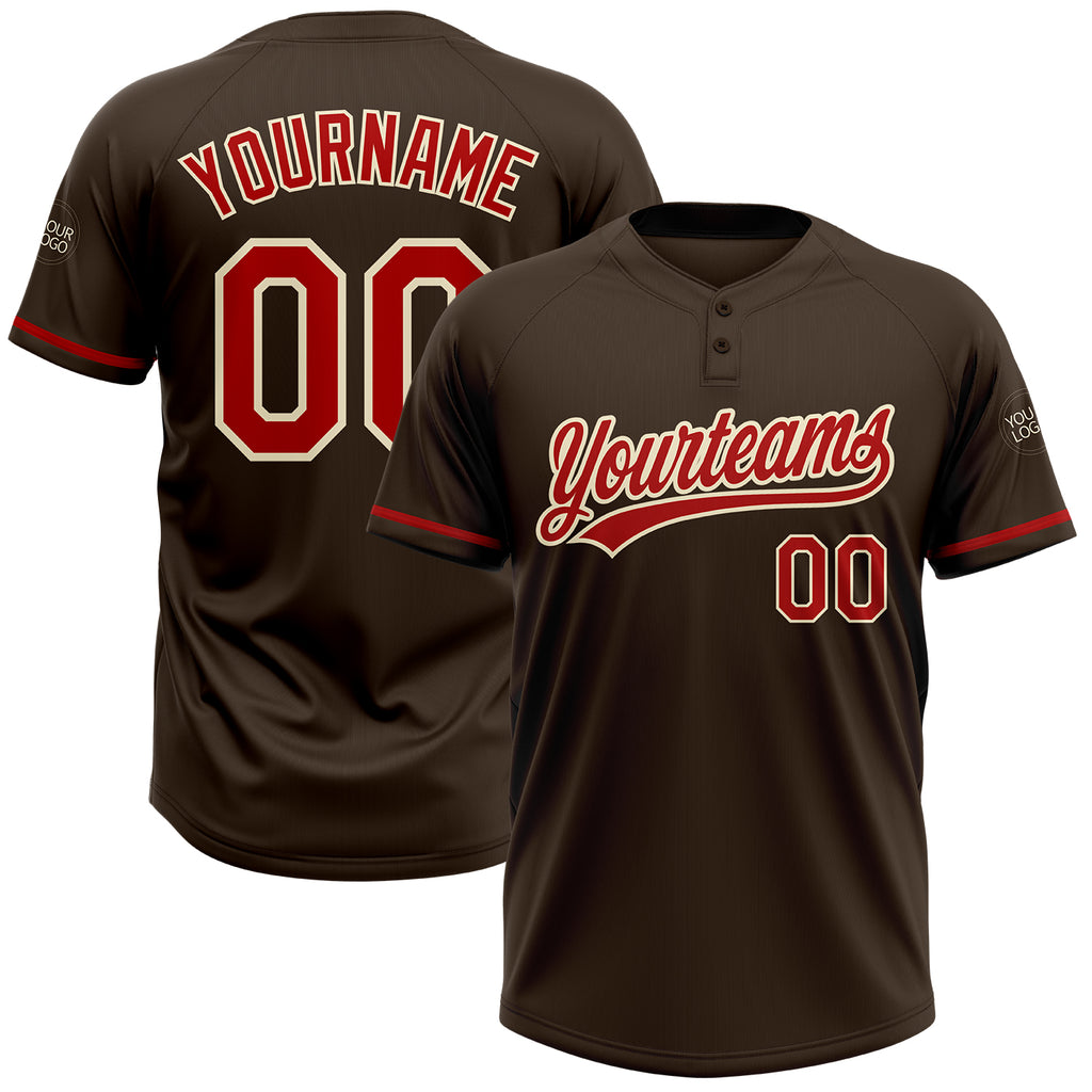 Custom Brown Red-Cream Two-Button Unisex Softball Jersey