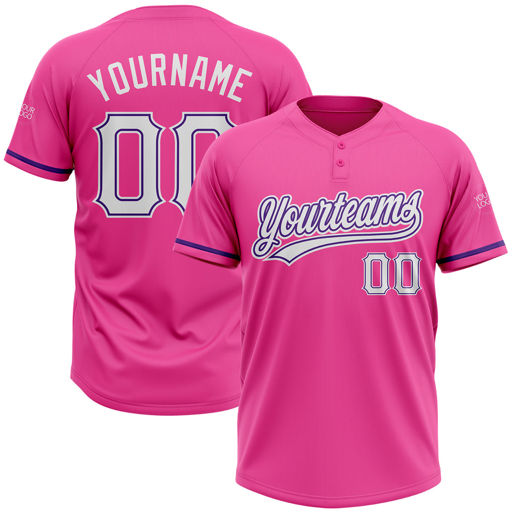 Custom Pink White-Purple Two-Button Unisex Softball Jersey