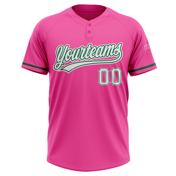 Custom Pink White-Kelly Green Two-Button Unisex Softball Jersey