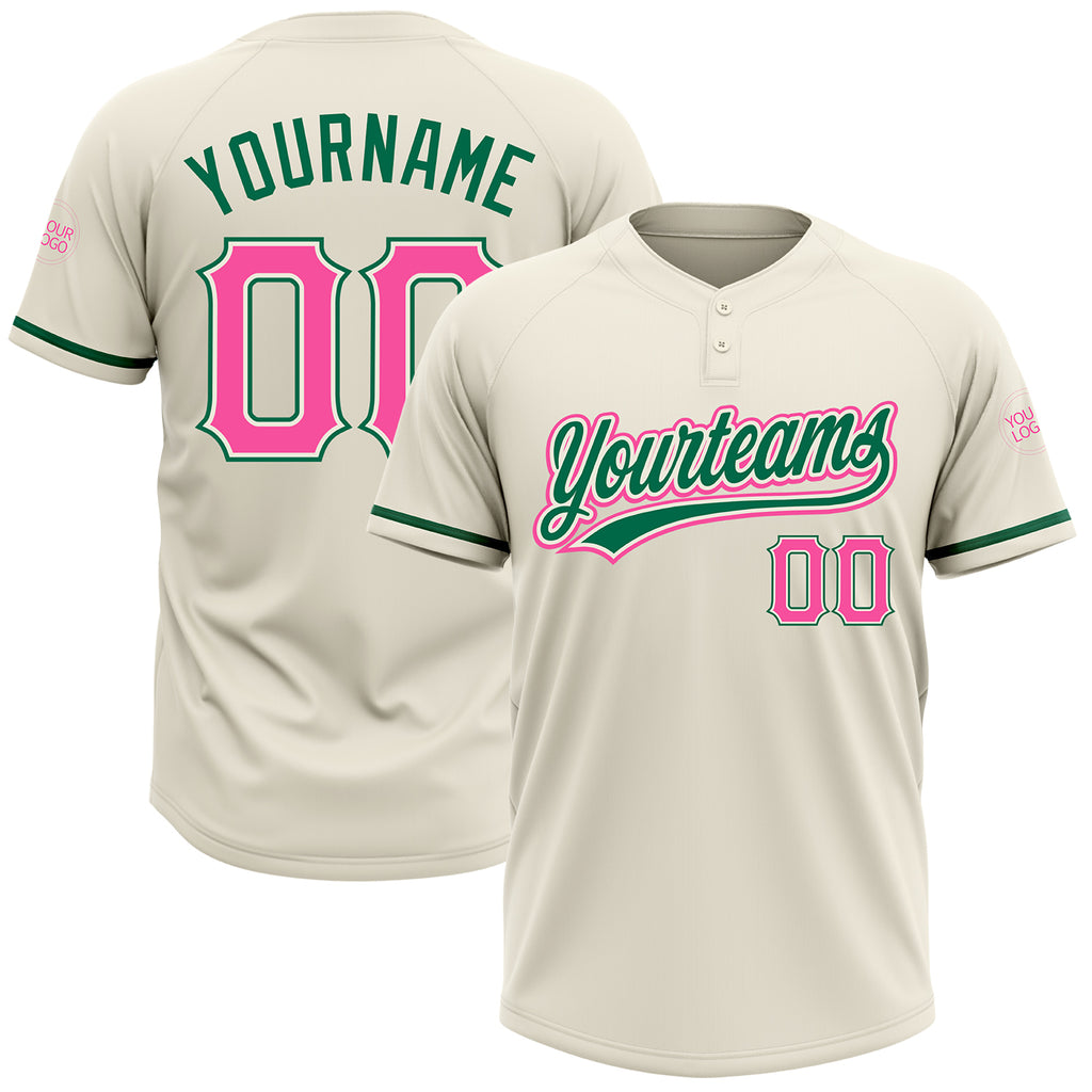 Custom Cream Pink-Kelly Green Two-Button Unisex Softball Jersey