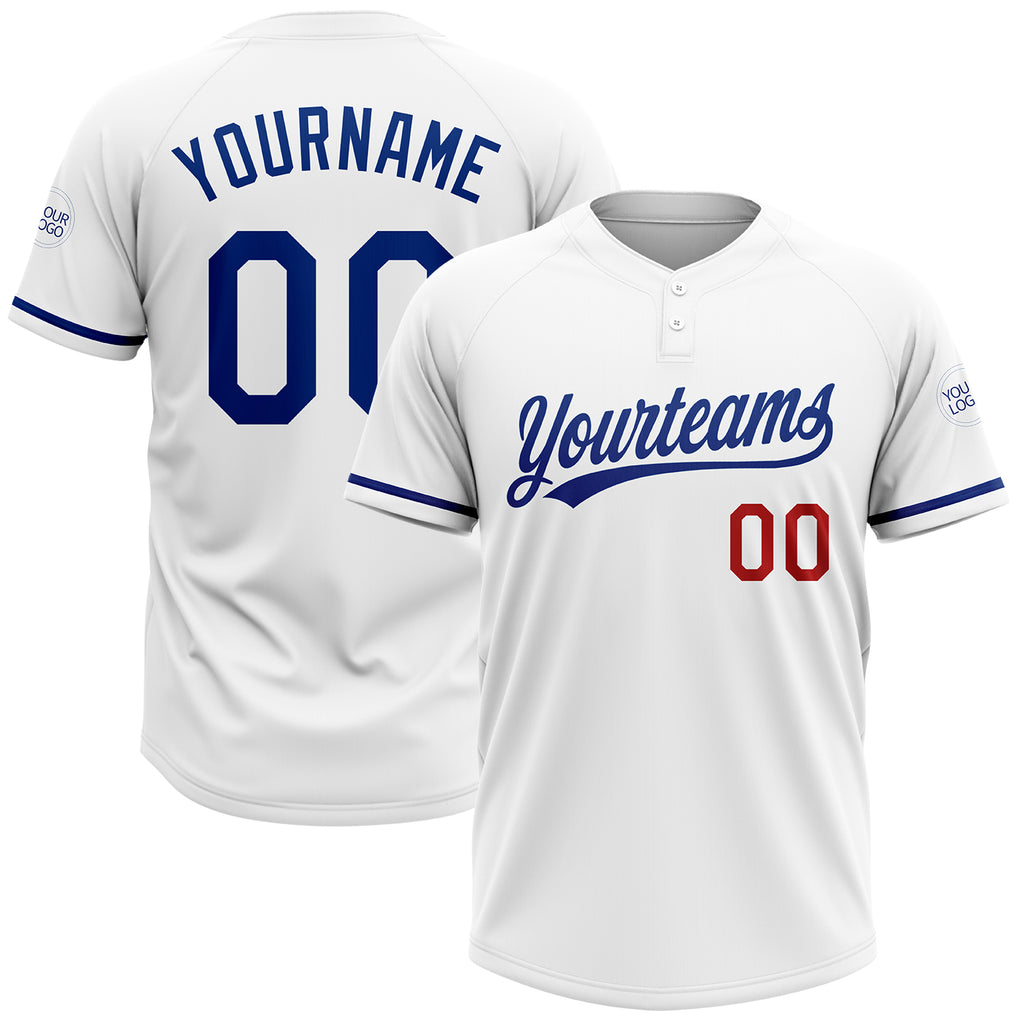 Custom White Royal-Red Two-Button Unisex Softball Jersey