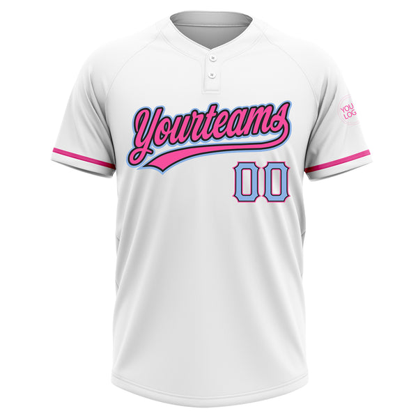 Custom White Light Blue Black-Pink Two-Button Unisex Softball Jersey