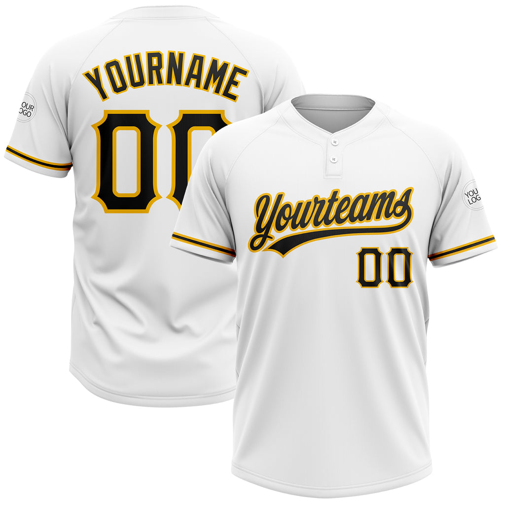 Custom White Black-Gold Two-Button Unisex Softball Jersey