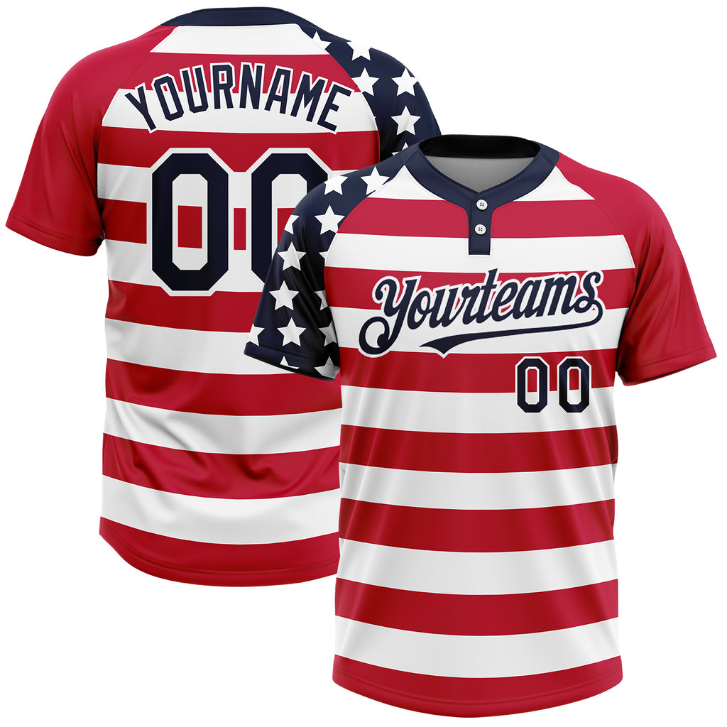 Custom White Navy-Red 3D American Flag Fashion Two-Button Unisex Softball Jersey