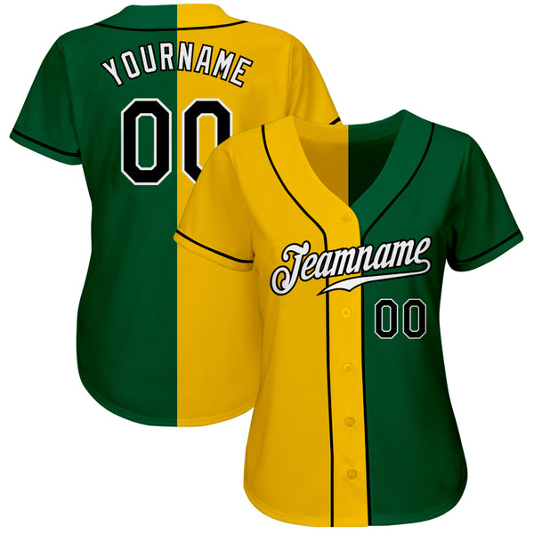 Custom Kelly Green Black-Yellow Authentic Split Fashion Baseball Jersey