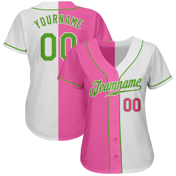 Custom White Neon Green-Pink Authentic Split Fashion Baseball Jersey