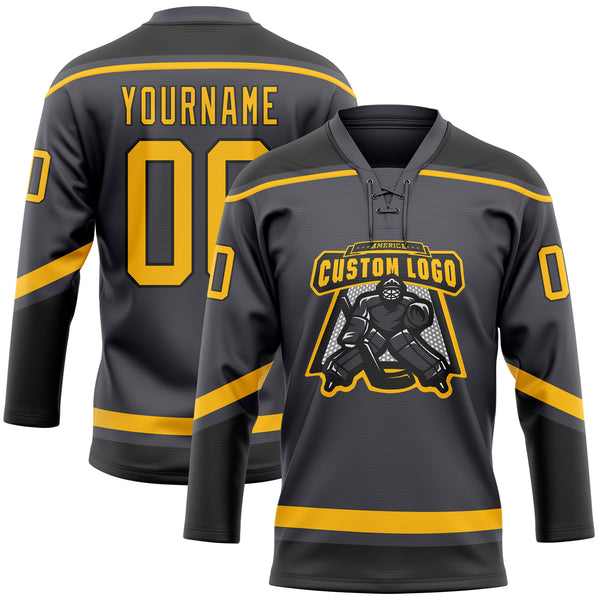 Custom Steel Gray Gold-Black Hockey Lace Neck Jersey