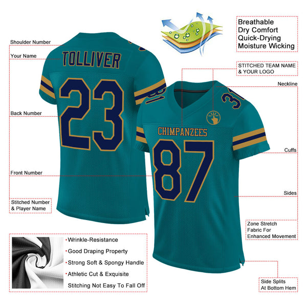 Custom Teal Navy-Old Gold Mesh Authentic Football Jersey