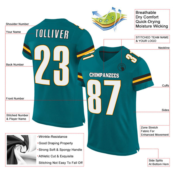 Custom Teal White-Gold Mesh Authentic Football Jersey