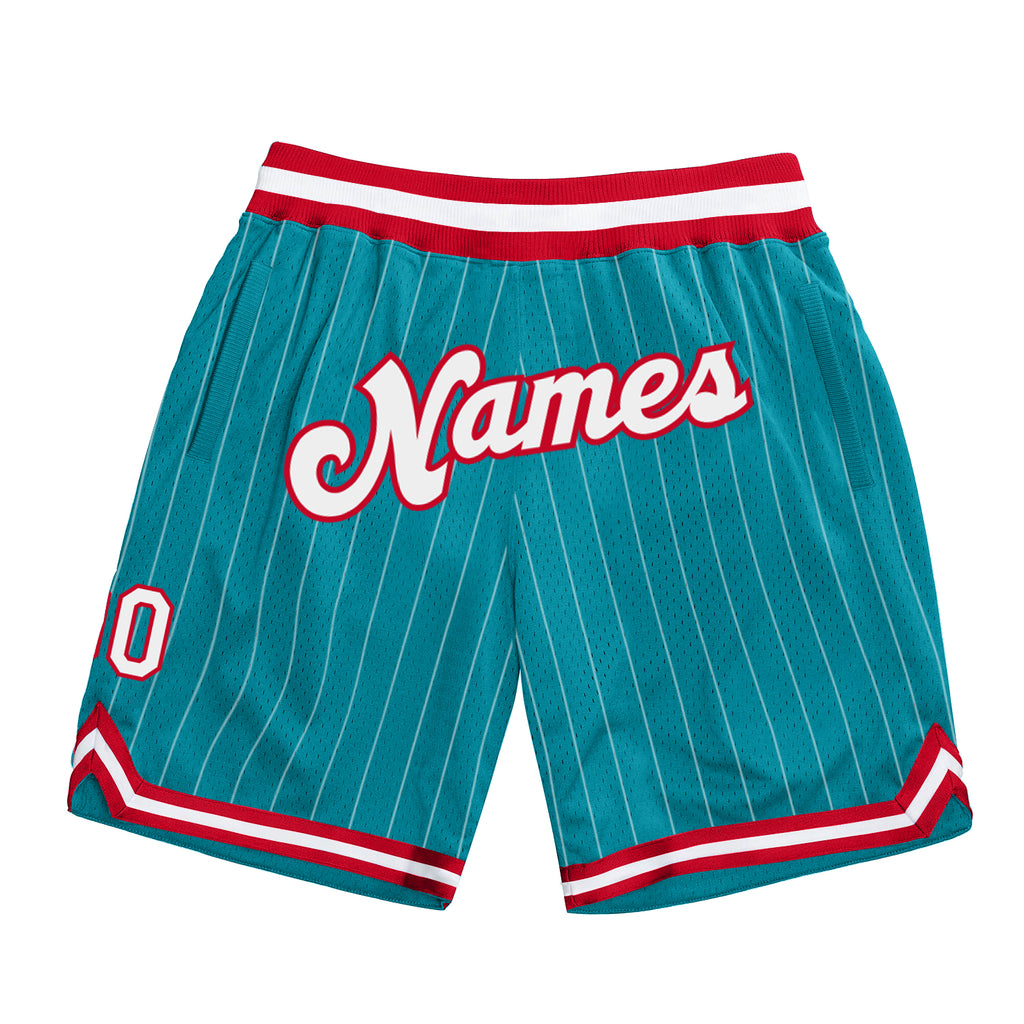 Custom Teal White Pinstripe White-Red Authentic Basketball Shorts